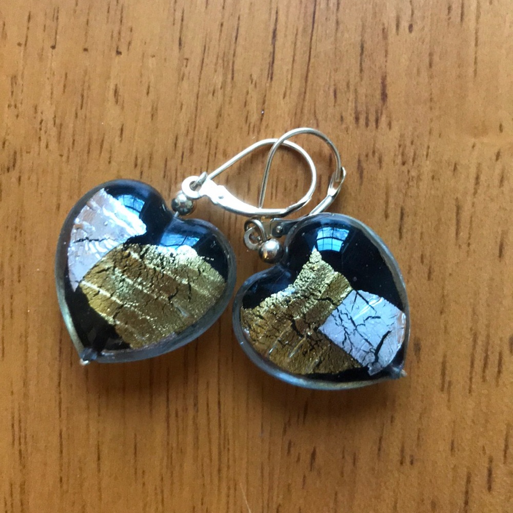 Heart shaped glass and metal earrings